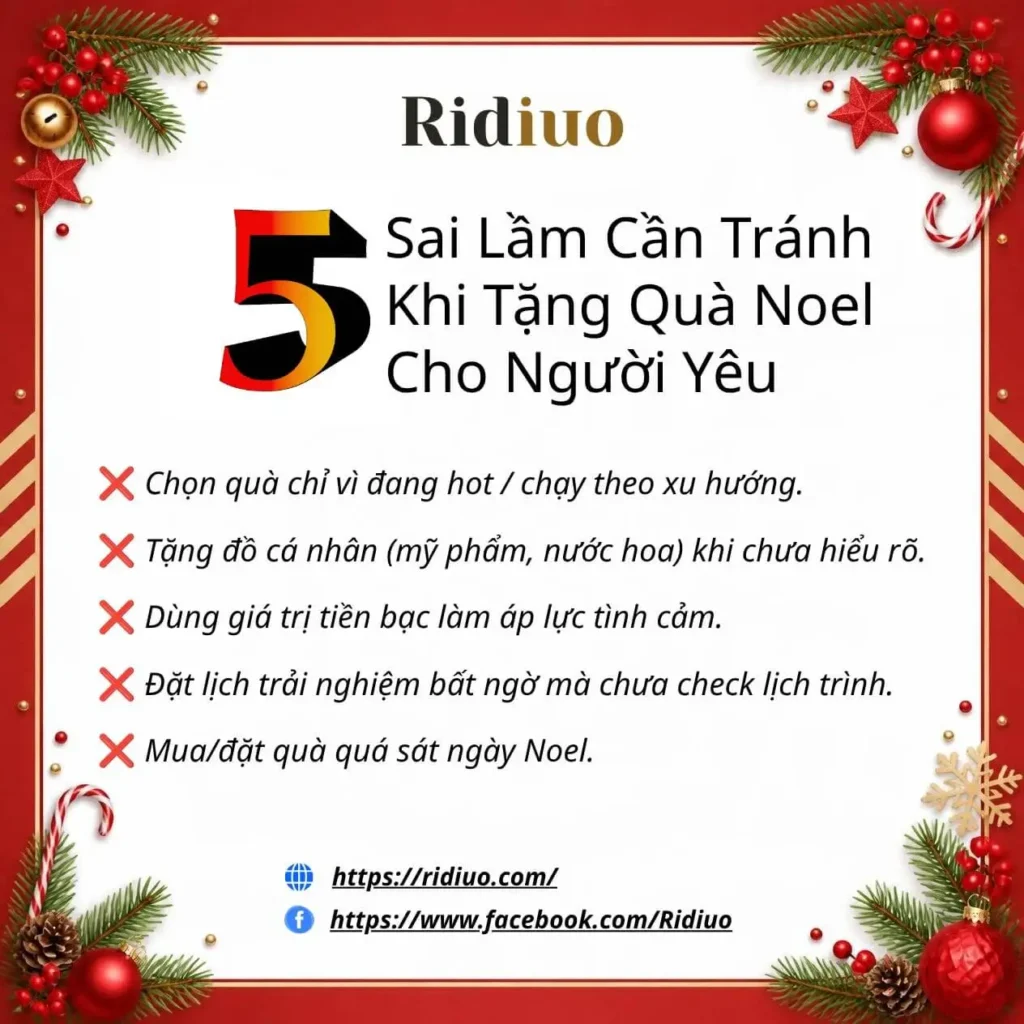 Checklist 5 sai lầm thường gặp khi chọn quà Noel cho người yêu như chạy theo xu hướng hay tặng đồ cá nhân khi chưa hiểu rõ.